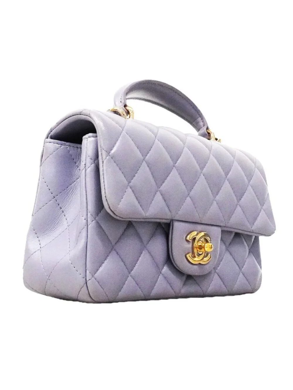 Chanel Shoulder Bag Quilted Top Handle Lambskin Purple Champagne Gold 2-Way Back